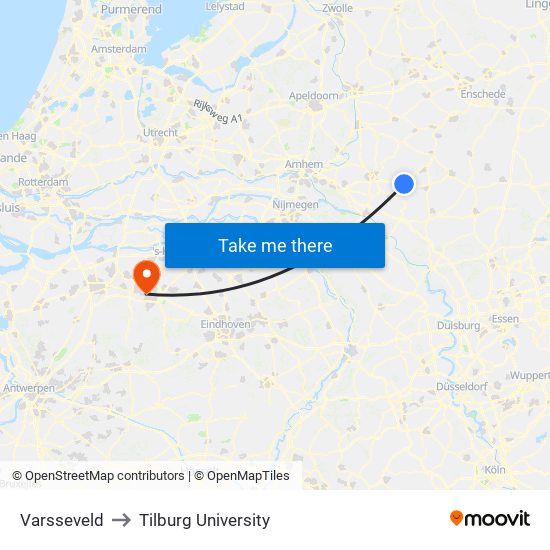 Varsseveld to Tilburg University map