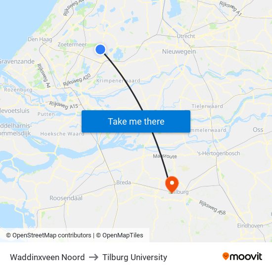 Waddinxveen Noord to Tilburg University map