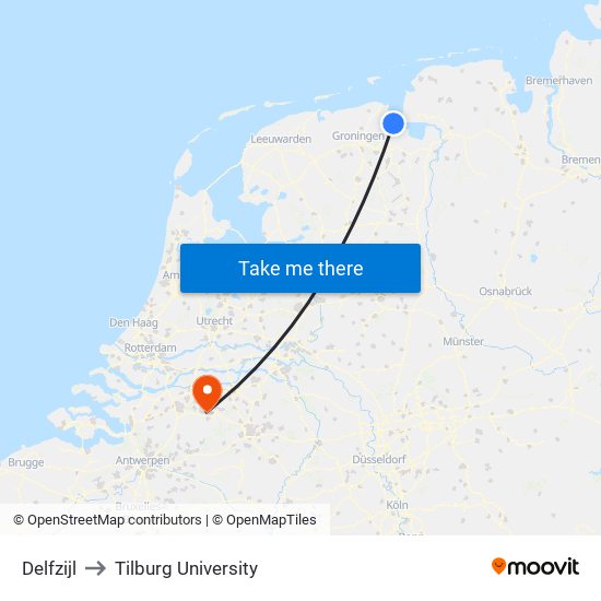 Delfzijl to Tilburg University map