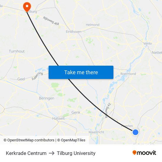 Kerkrade Centrum to Tilburg University map