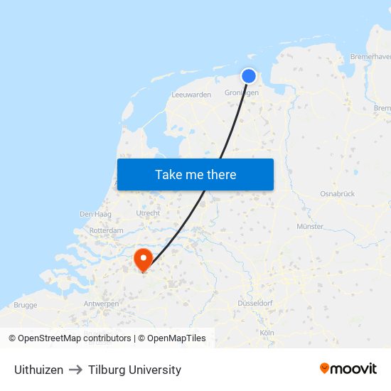 Uithuizen to Tilburg University map