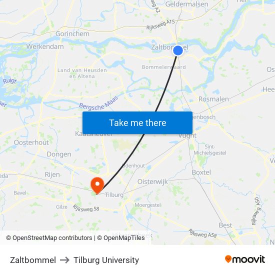 Zaltbommel to Tilburg University map