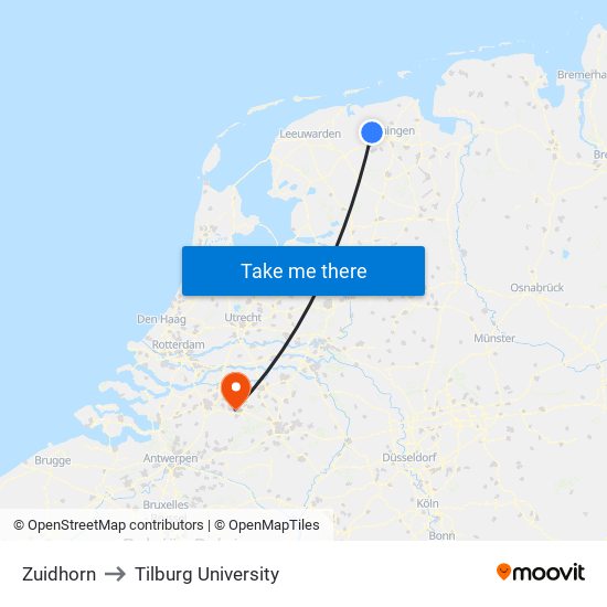 Zuidhorn to Tilburg University map