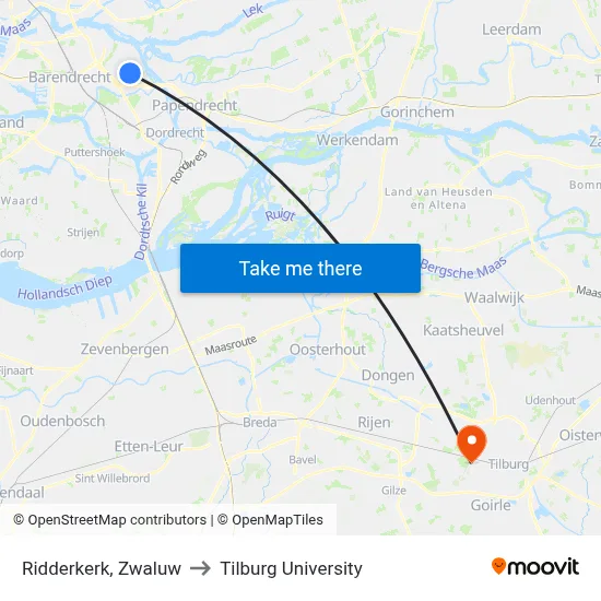 Ridderkerk, Zwaluw to Tilburg University map