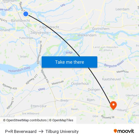P+R Beverwaard to Tilburg University map