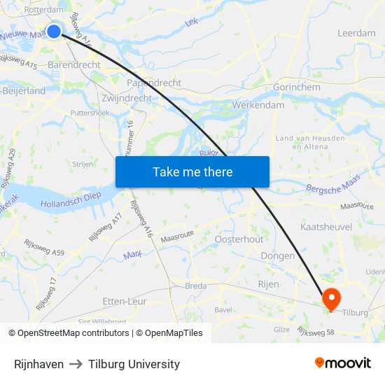 Rijnhaven to Tilburg University map