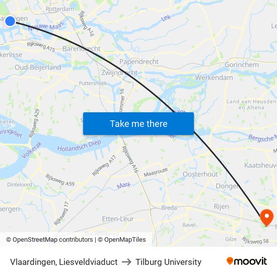 Vlaardingen, Liesveldviaduct to Tilburg University map