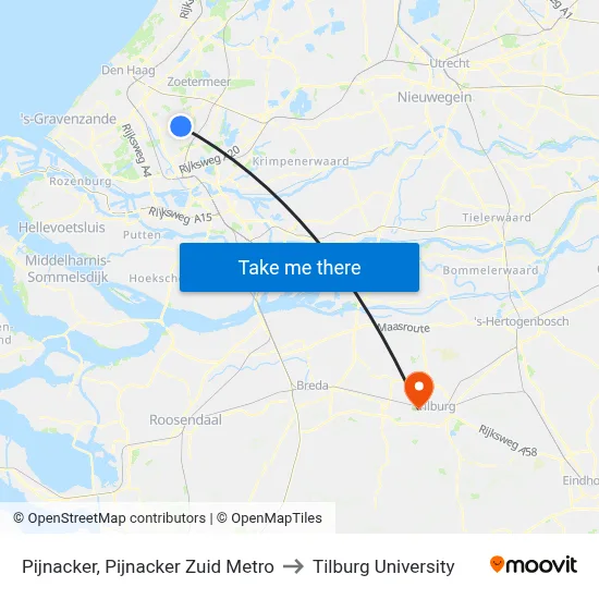 Pijnacker, Pijnacker Zuid Metro to Tilburg University map