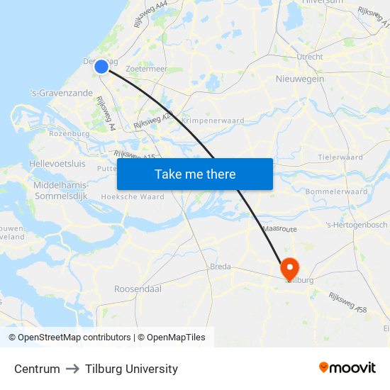 Centrum to Tilburg University map