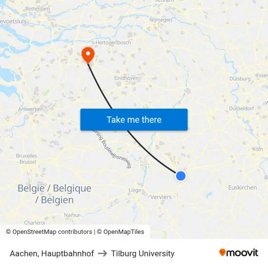 Aachen, Hauptbahnhof to Tilburg University map