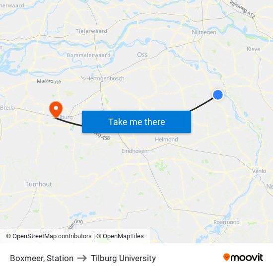 Boxmeer, Station to Tilburg University map