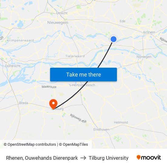 Rhenen, Ouwehands Dierenpark to Tilburg University map