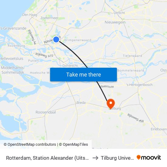 Rotterdam, Station Alexander (Uitstaphalte) to Tilburg University map