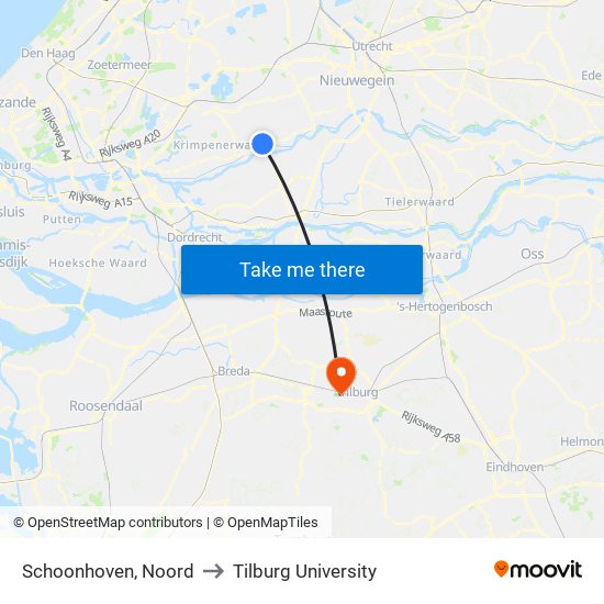 Schoonhoven, Noord to Tilburg University map