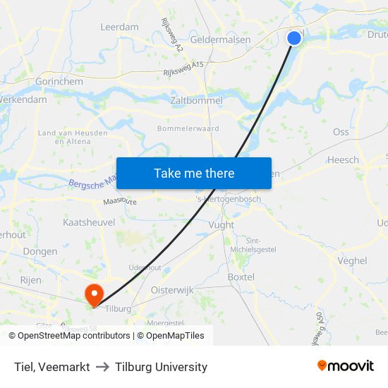 Tiel, Veemarkt to Tilburg University map