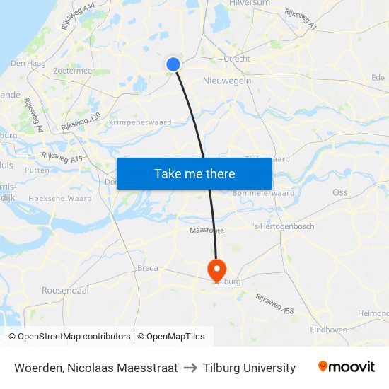 Woerden, Nicolaas Maesstraat to Tilburg University map