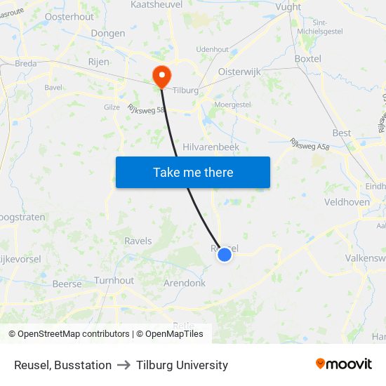 Reusel, Busstation to Tilburg University map