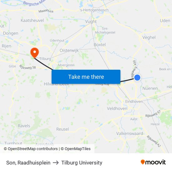 Son, Raadhuisplein to Tilburg University map