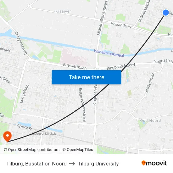 Tilburg, Busstation Noord to Tilburg University map