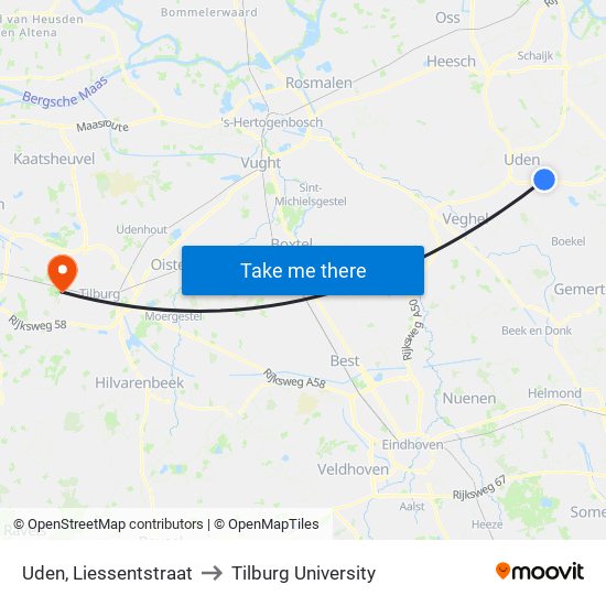 Uden, Liessentstraat to Tilburg University map