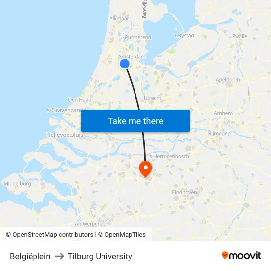 Belgiëplein to Tilburg University map