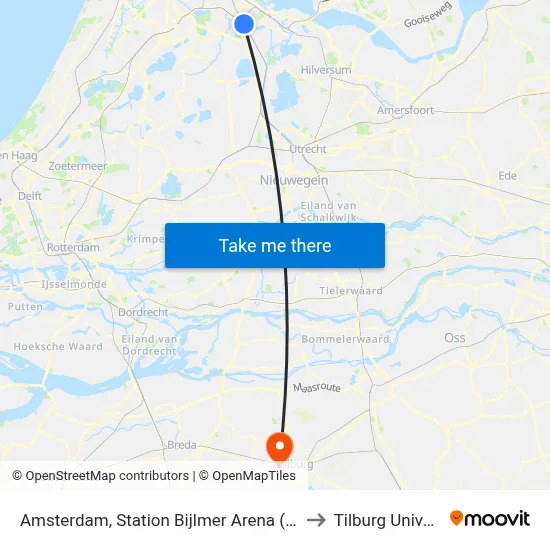 Amsterdam, Station Bijlmer Arena (Perron B) to Tilburg University map