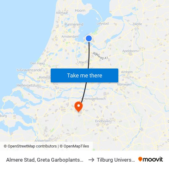 Almere Stad, Greta Garboplantsoen to Tilburg University map