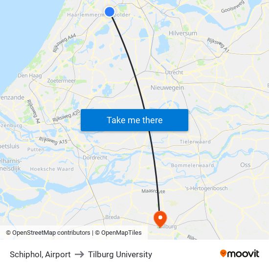 Schiphol, Airport to Tilburg University map