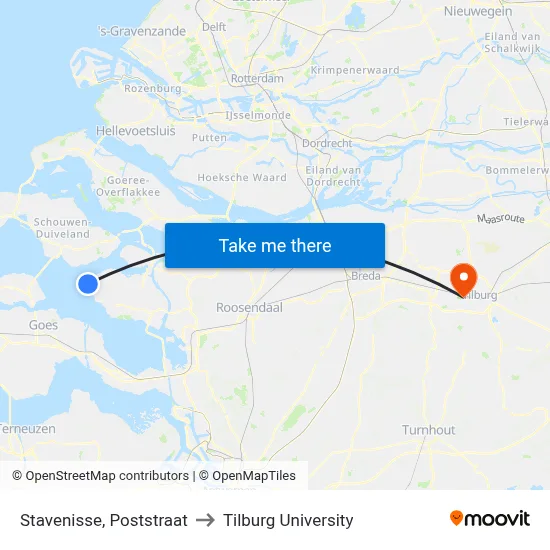 Stavenisse, Poststraat to Tilburg University map