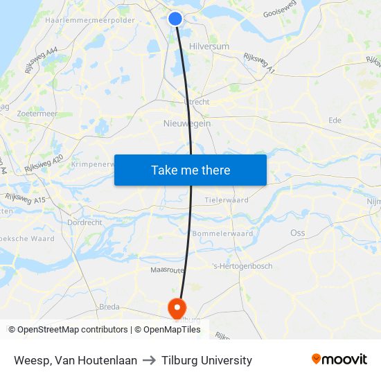 Weesp, Van Houtenlaan to Tilburg University map