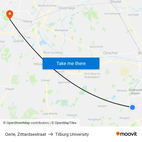 Oerle, Zittardsestraat to Tilburg University map