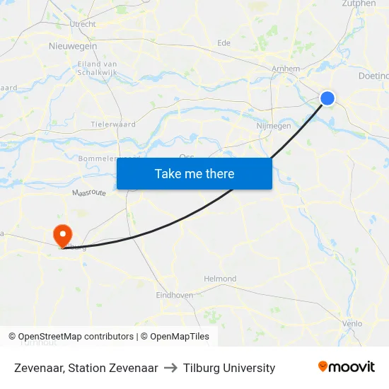 Zevenaar, Station Zevenaar to Tilburg University map
