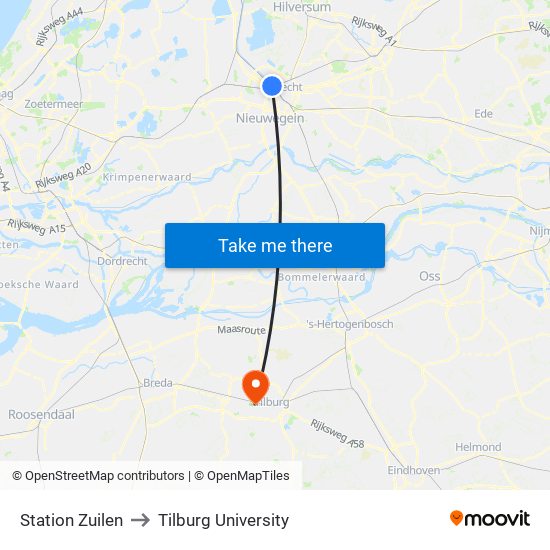 Station Zuilen to Tilburg University map