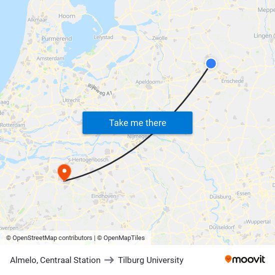 Almelo, Centraal Station to Tilburg University map