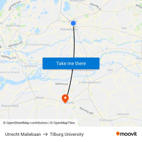 Utrecht Maliebaan to Tilburg University map