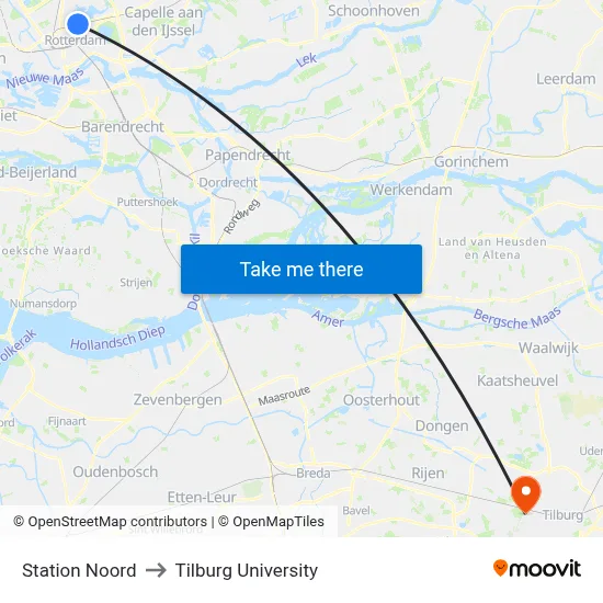 Station Noord to Tilburg University map