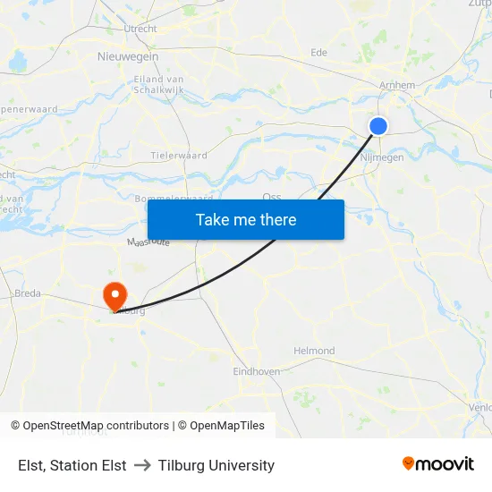 Elst, Station Elst to Tilburg University map
