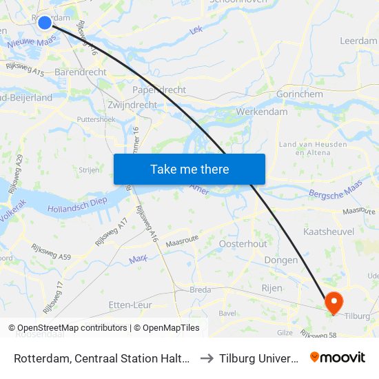 Rotterdam, Centraal Station Halte Hh to Tilburg University map