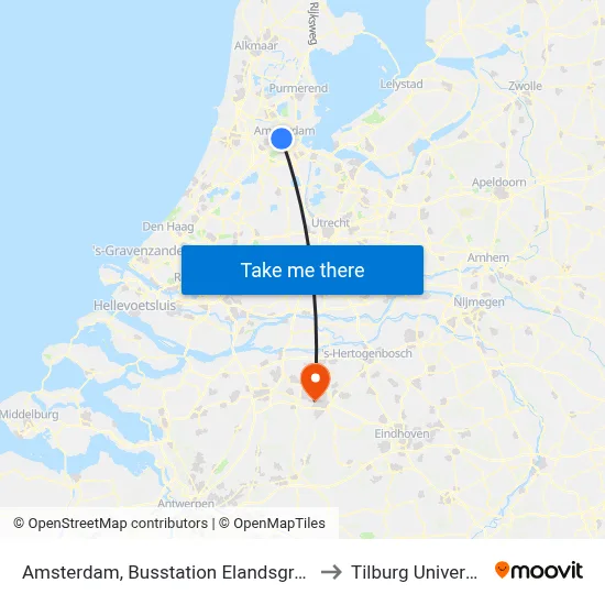 Amsterdam, Busstation Elandsgracht to Tilburg University map