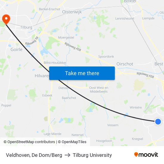 Veldhoven, De Dom/Berg to Tilburg University map