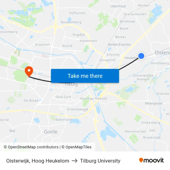 Oisterwijk, Hoog Heukelom to Tilburg University map