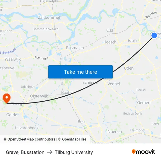 Grave, Busstation to Tilburg University map