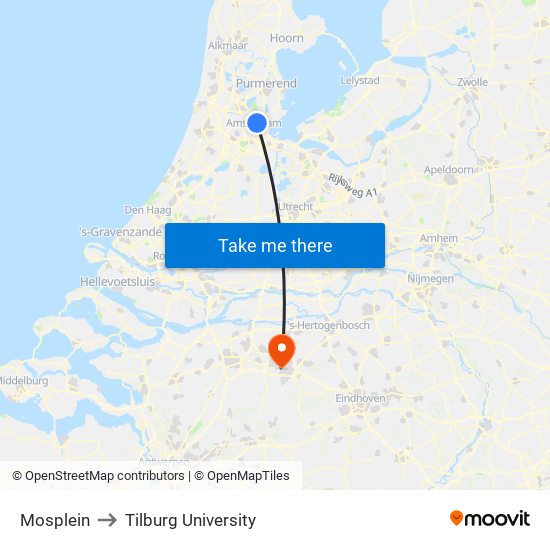 Mosplein to Tilburg University map