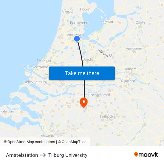 Amstelstation to Tilburg University map