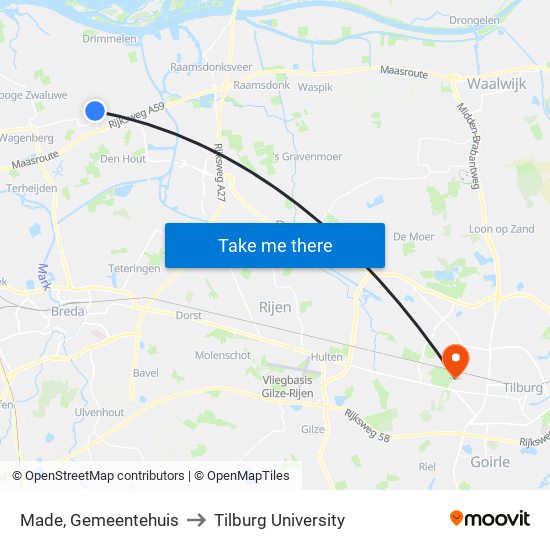 Made, Gemeentehuis to Tilburg University map