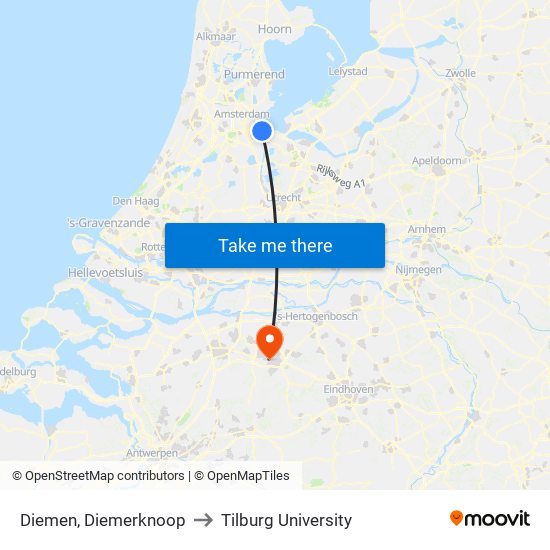 Diemen, Diemerknoop to Tilburg University map