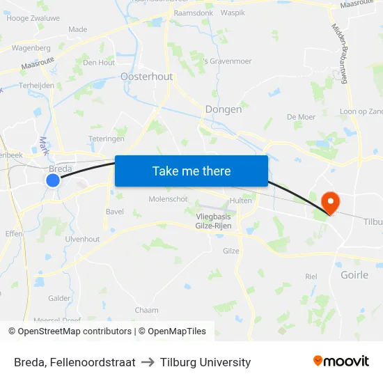 Breda, Fellenoordstraat to Tilburg University map