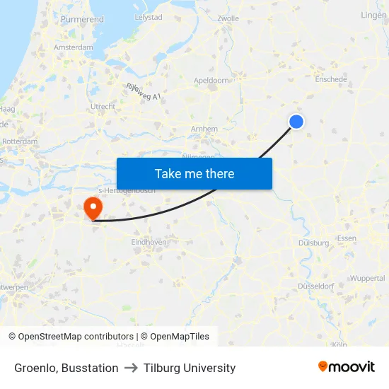 Groenlo, Busstation to Tilburg University map
