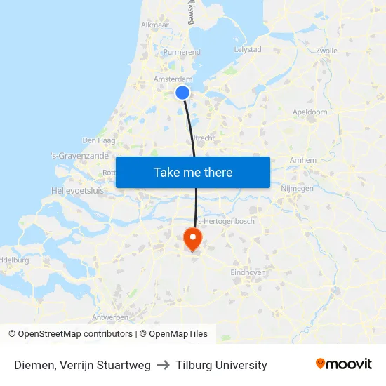 Diemen, Verrijn Stuartweg to Tilburg University map