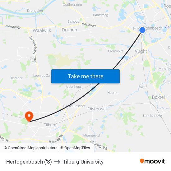 Hertogenbosch ('S) to Tilburg University map